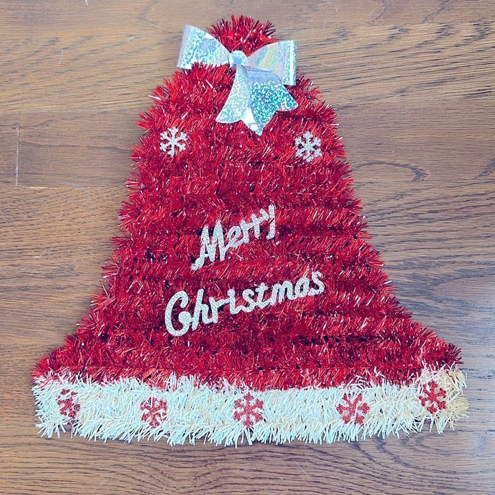 Vintage red garland & silver bow Santa’s hat Merry Christmas wall hanging